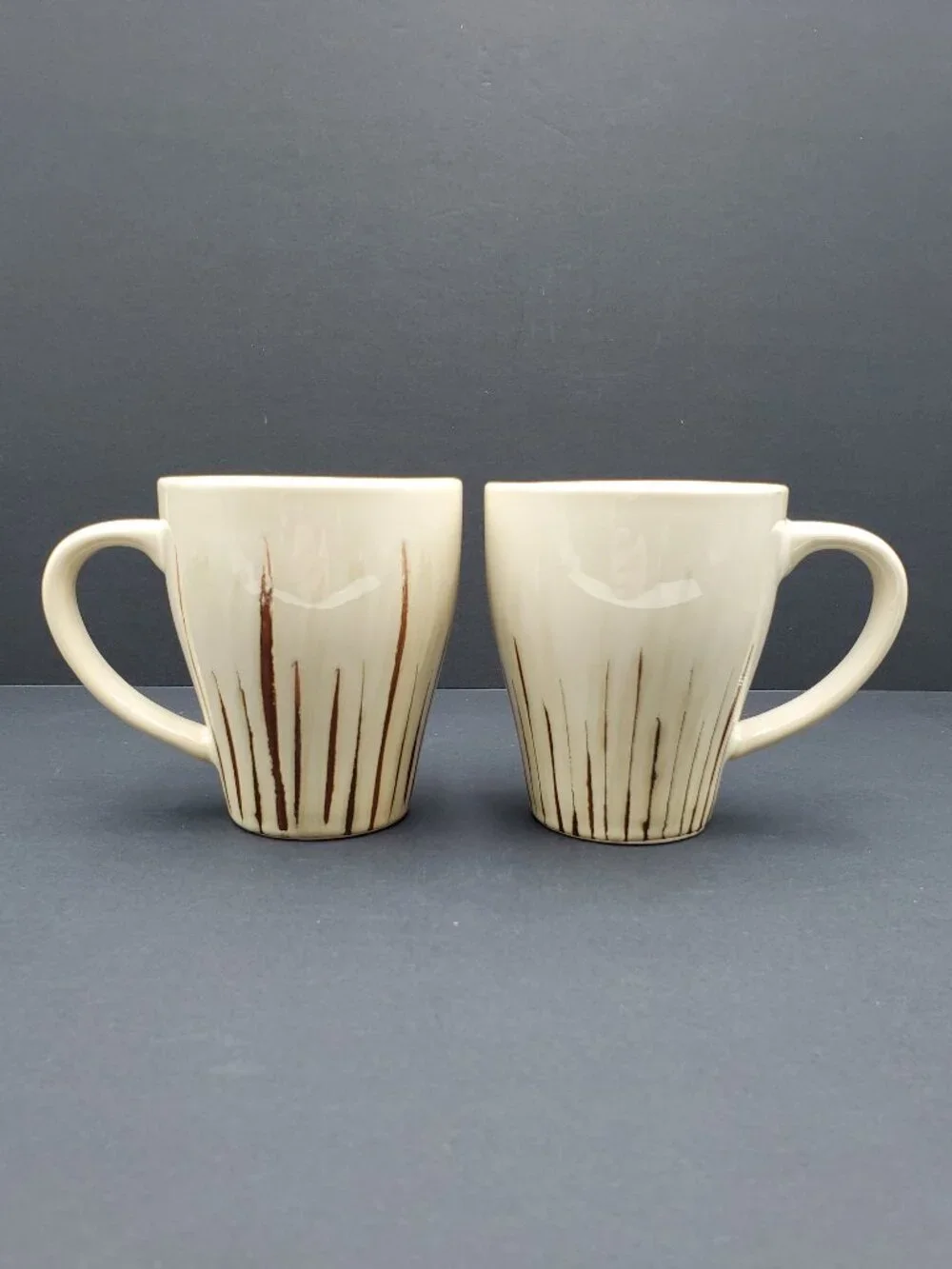 Pier 1 Sanctuary Mugs Tan Stoneware Mugs with Brown Lines
